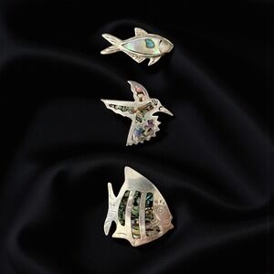 Vintage Mexican Sterling Silver Abalone Brooch Trio Fish & Hummingbird Set of‎ 3